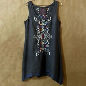 Johnny Was | Linen Embroidered Trapeze Tunic Mini Tank Dress Popover Size S
